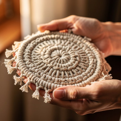 Easy Macrame Cord Coasters held in hand