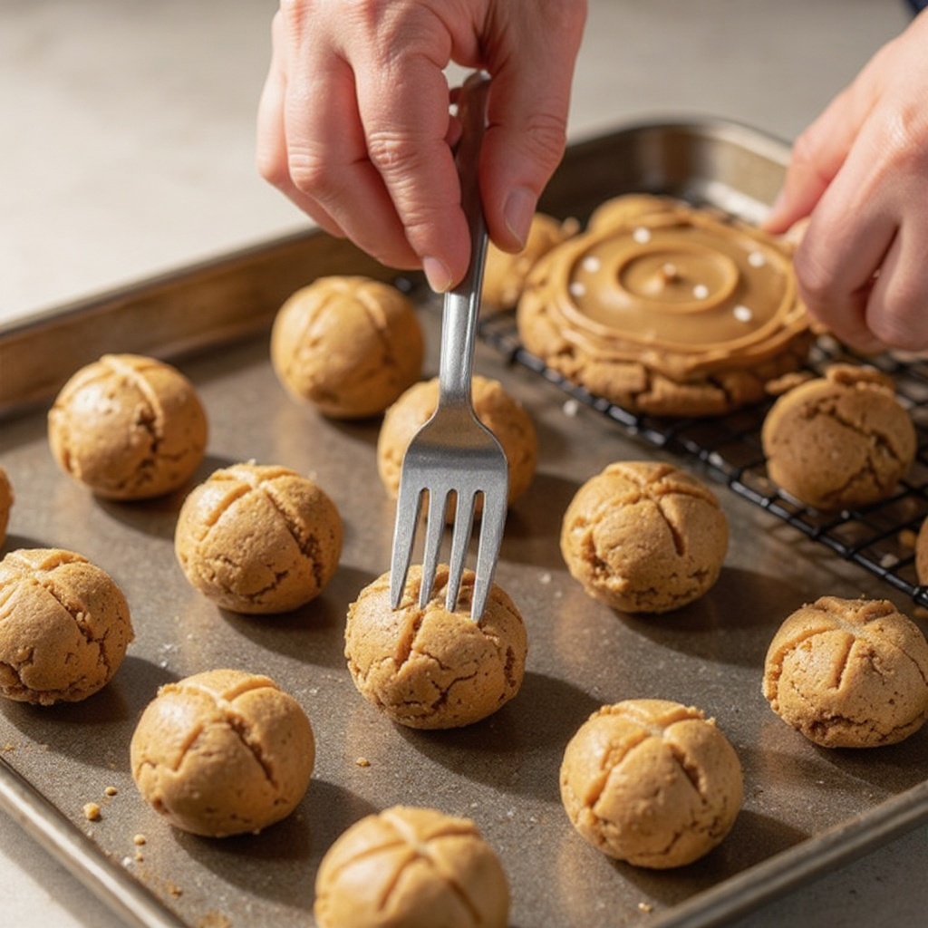 Step 8: Gently press down on each cookie ball with a fork to create the classic criss-cr