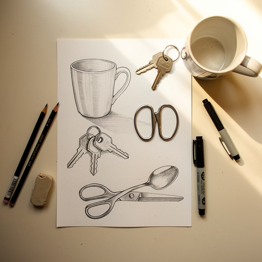 Multiple Everyday Object Sketches crafts from above