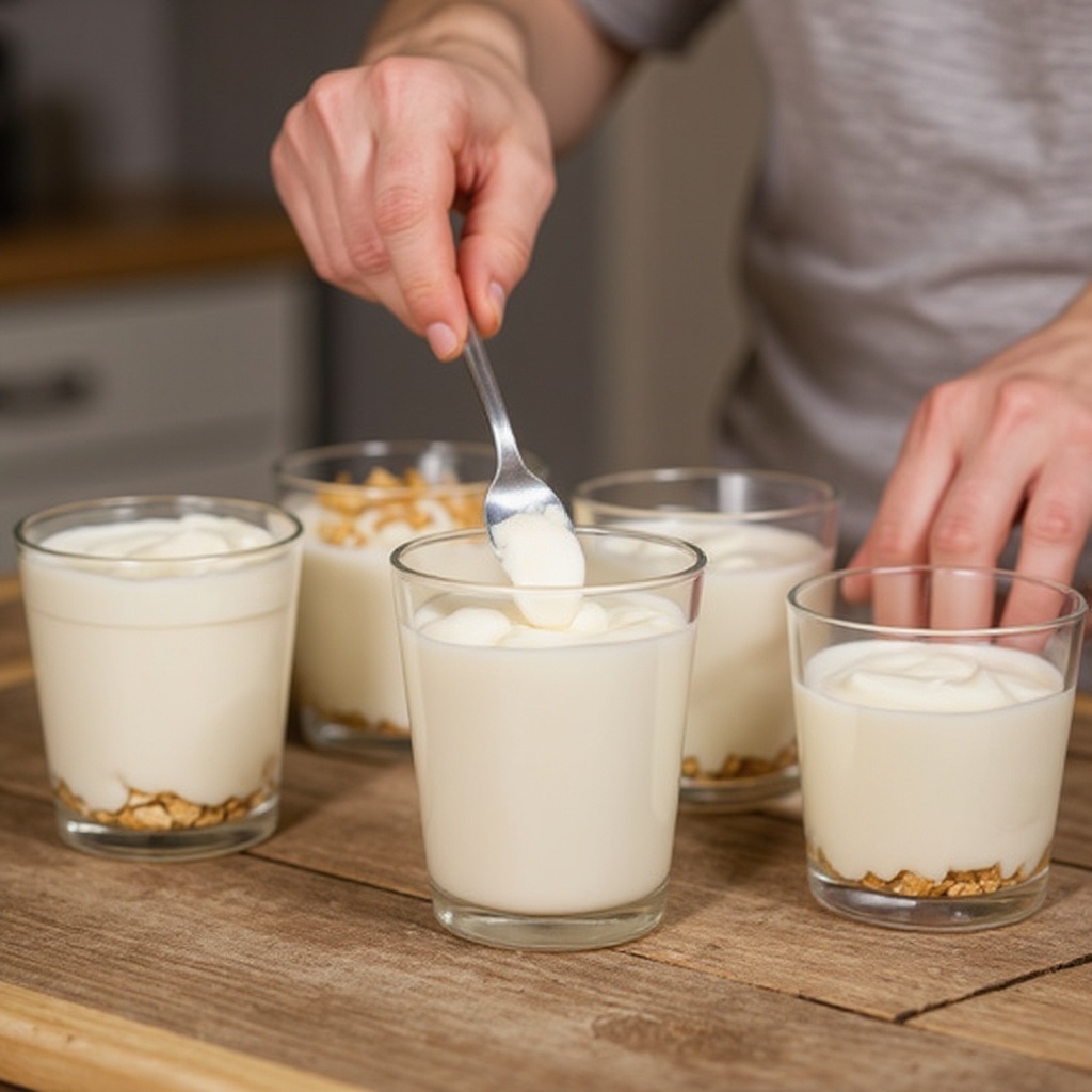 Step 1: Spoon 1/4 cup of yogurt into the bottom of each clear cup.