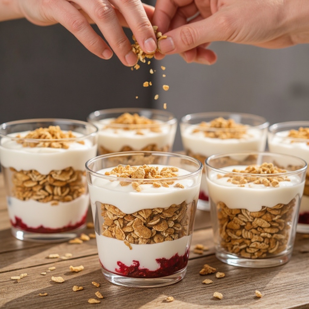 Step 2: Sprinkle 1/4 cup of granola evenly over the yogurt layer in each cup.