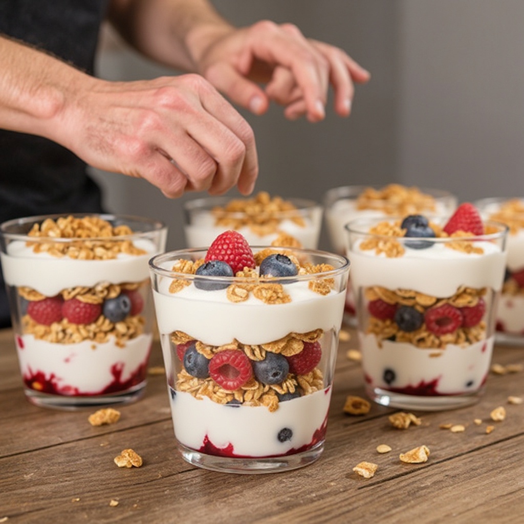 Step 4: Repeat the layers: add another 1/4 cup of yogurt to each cup.