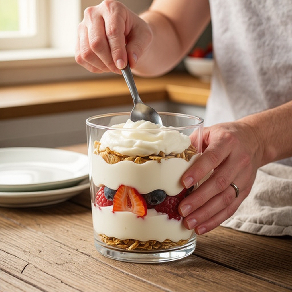 Step 2: Begin by spooning approximately 2 tablespoons of Greek yogurt into the bottom of