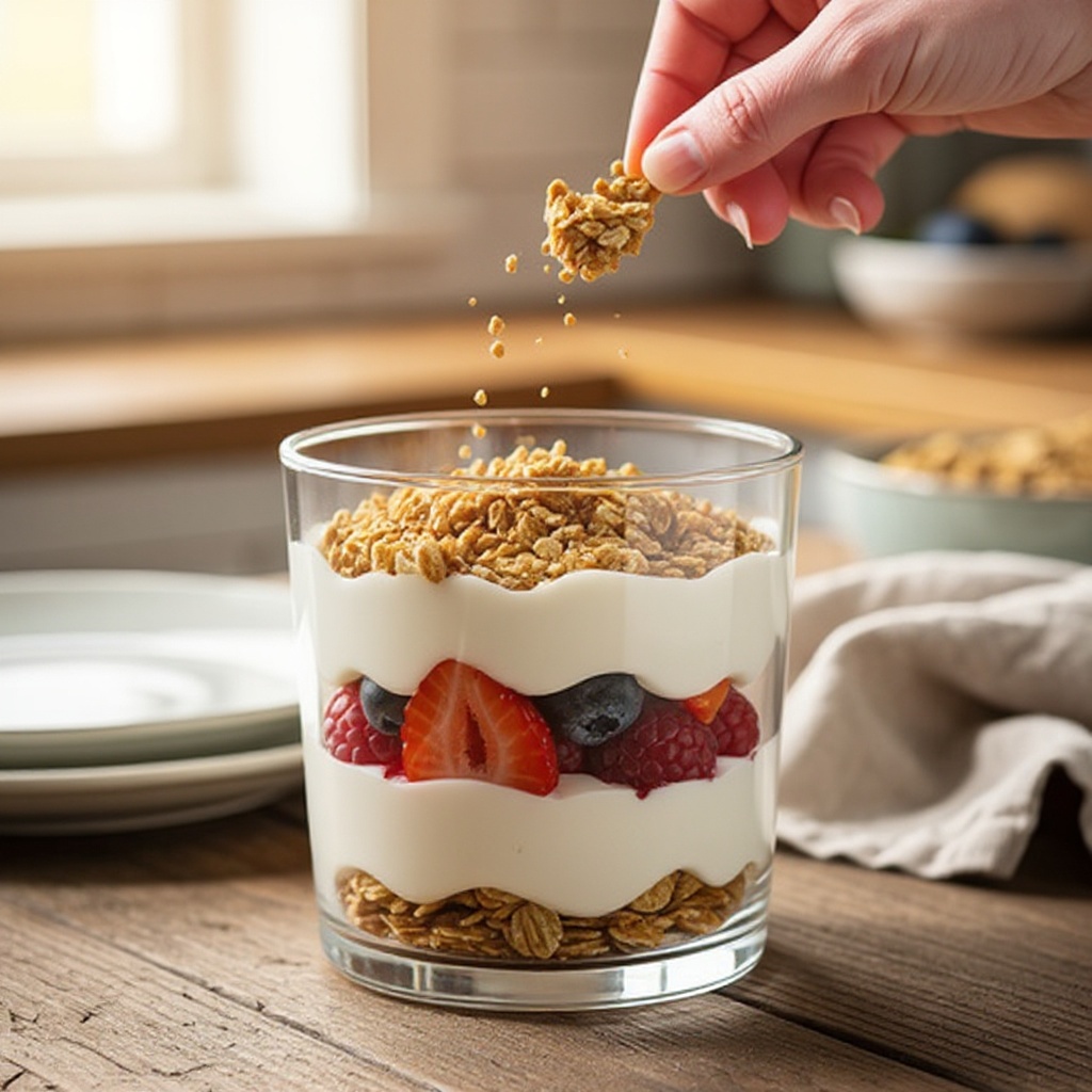 Step 3: Next, carefully sprinkle about 1 tablespoon of your chosen granola over the yogu