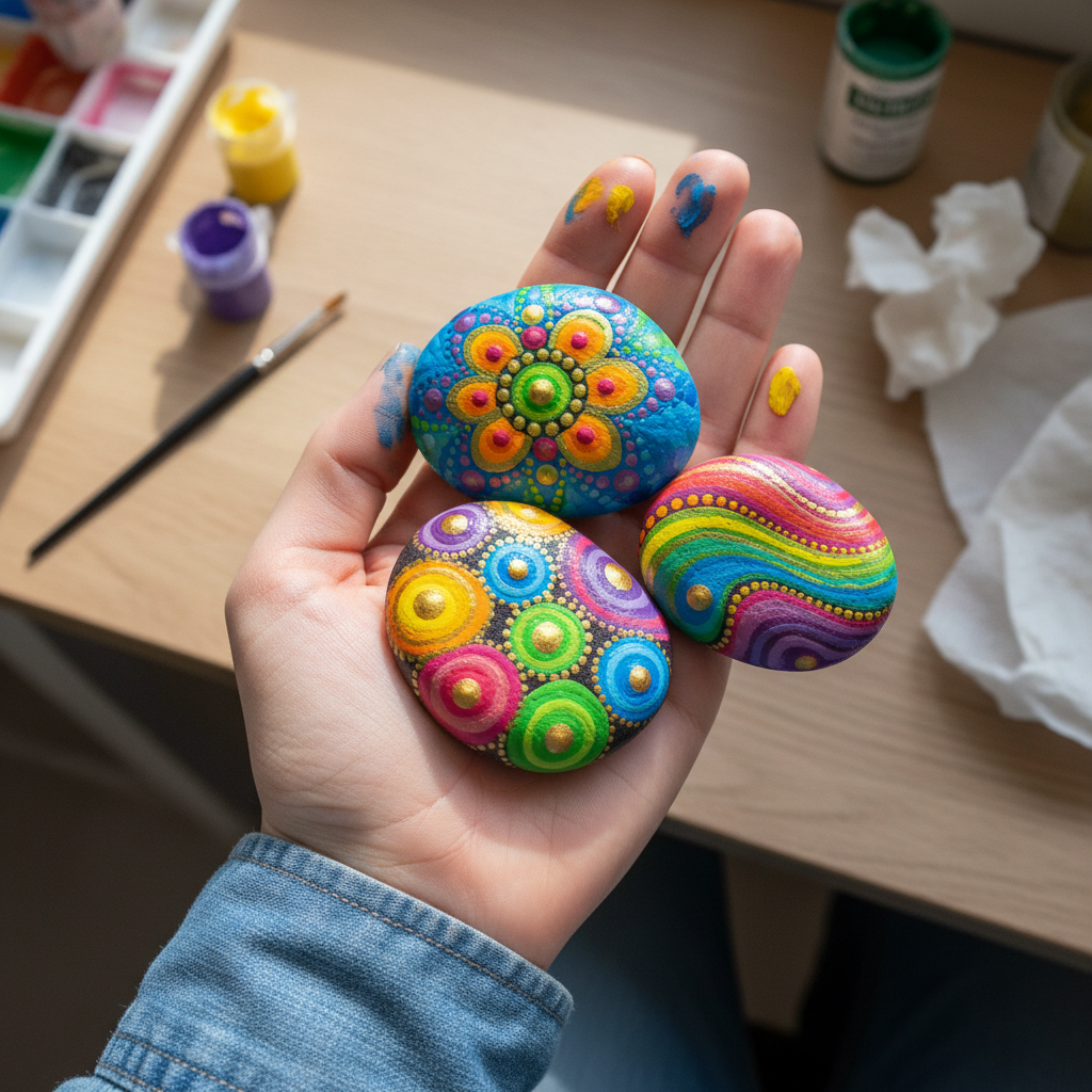 Vibrant Acrylic Painted Rocks held in hand