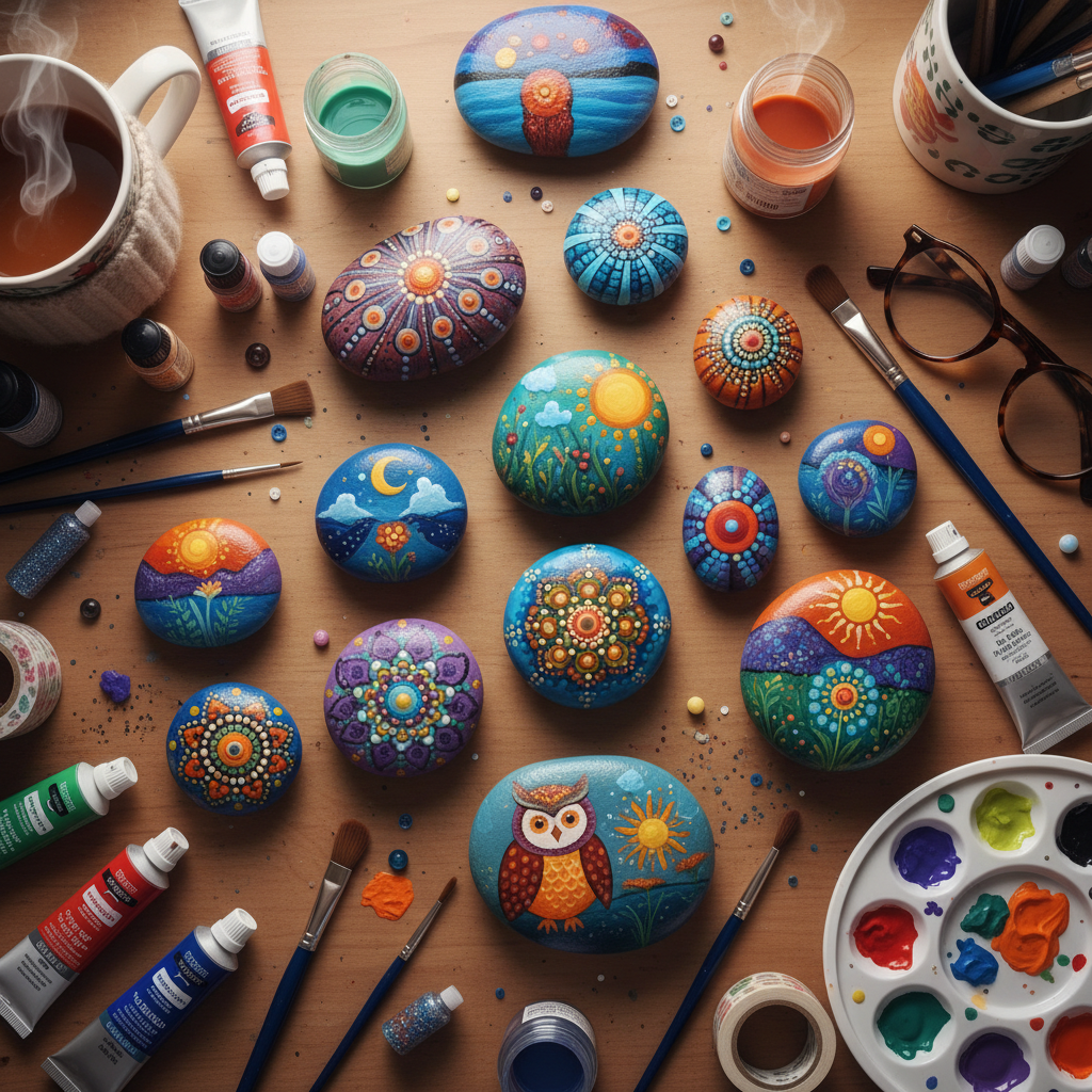 Multiple Vibrant Acrylic Painted Rocks crafts from above