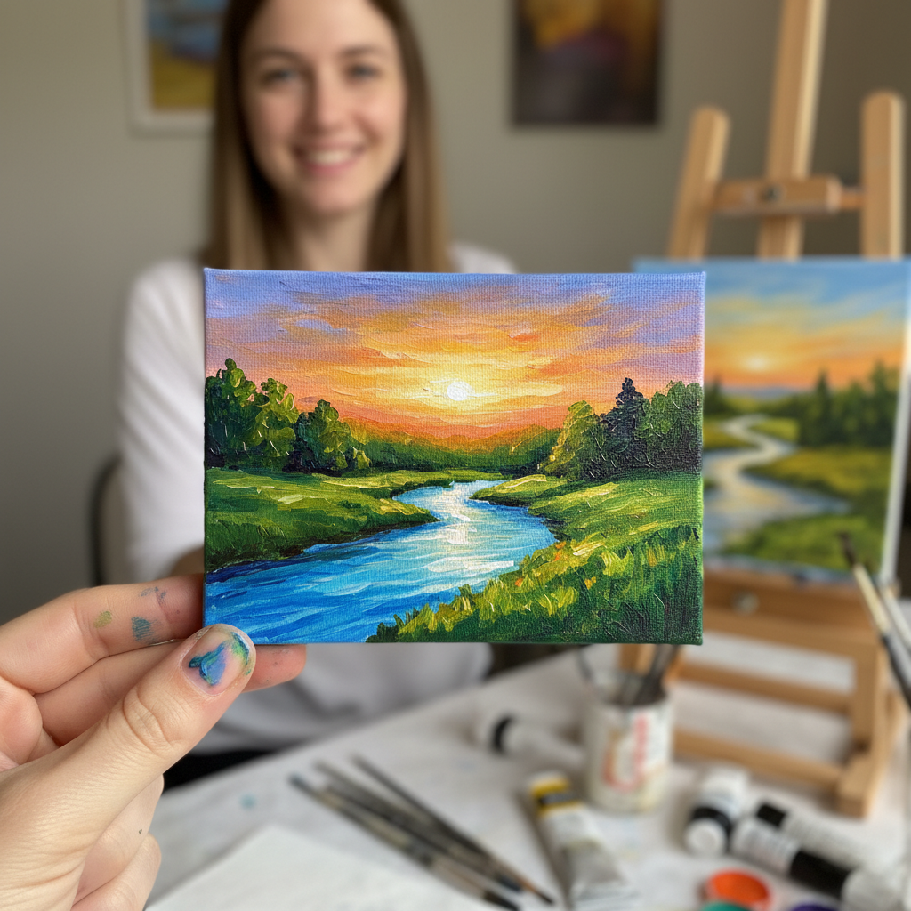 Simple Acrylic Landscape Painting held in hand