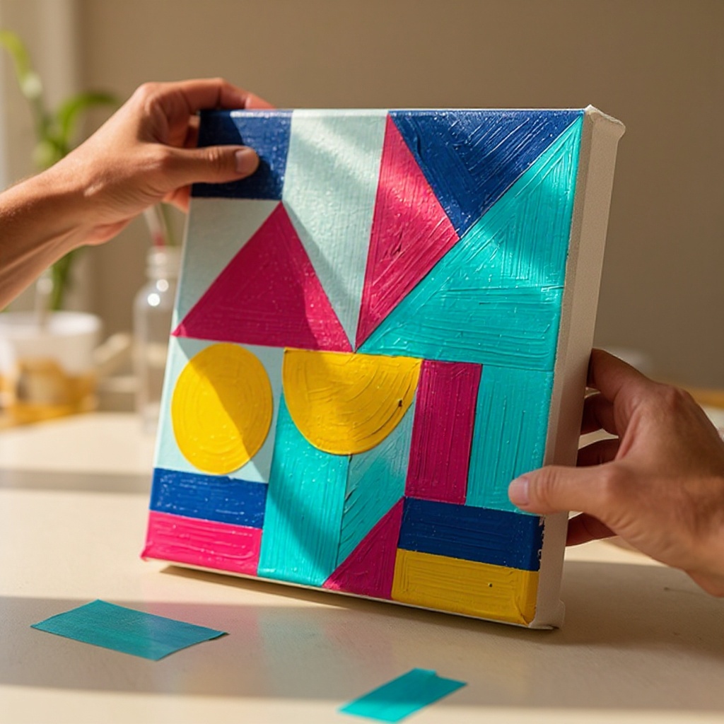 Step 3: Begin by using the painter's masking tape to create geometric shapes on the canv