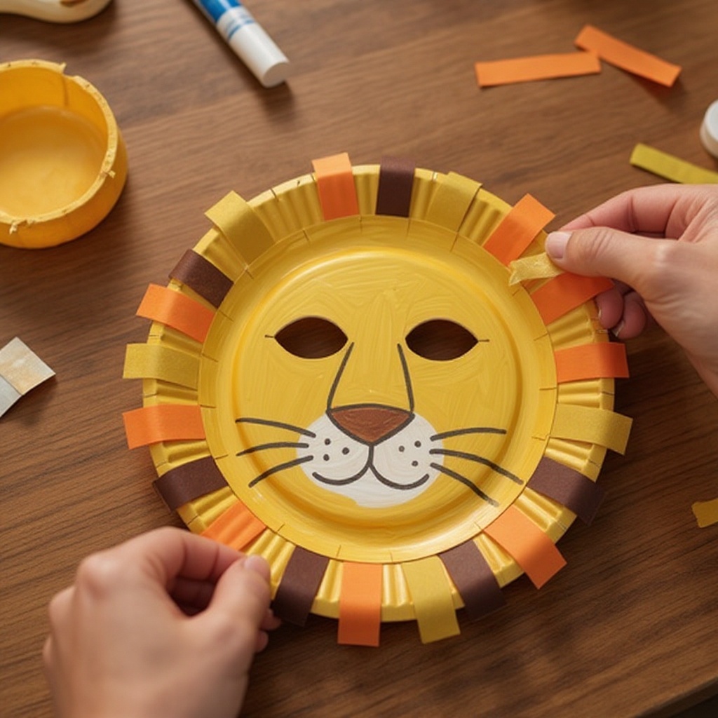 Step 9: Glue the construction paper strips around the edge of the paper plate to create 