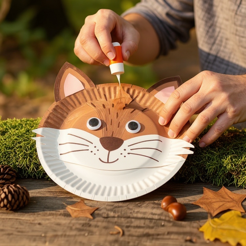 Step 4: Glue the orange triangle nose and white muzzle circle onto the other paper plate