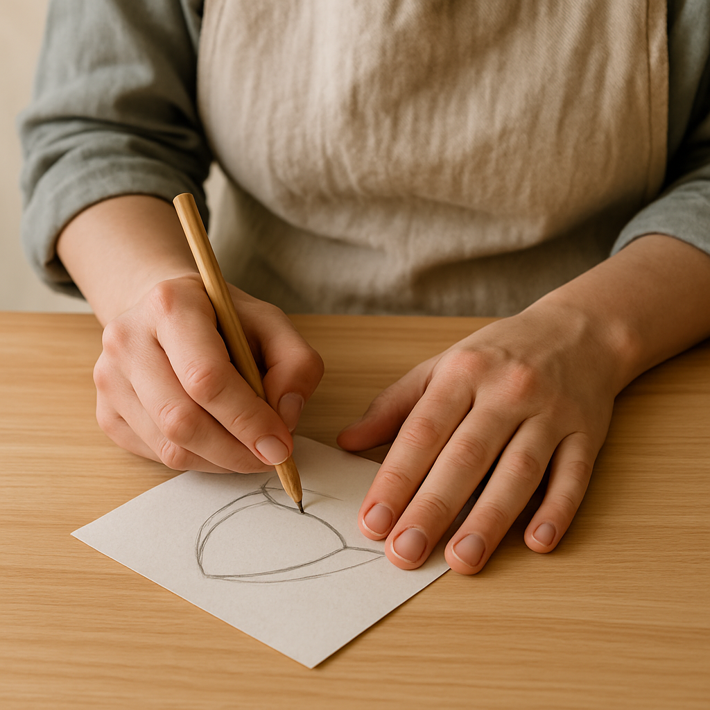 Adult hands sketch a rounded triangle mask shape for Felt Forest Creature Masks on scrap paper with a pencil on a pale oak table.