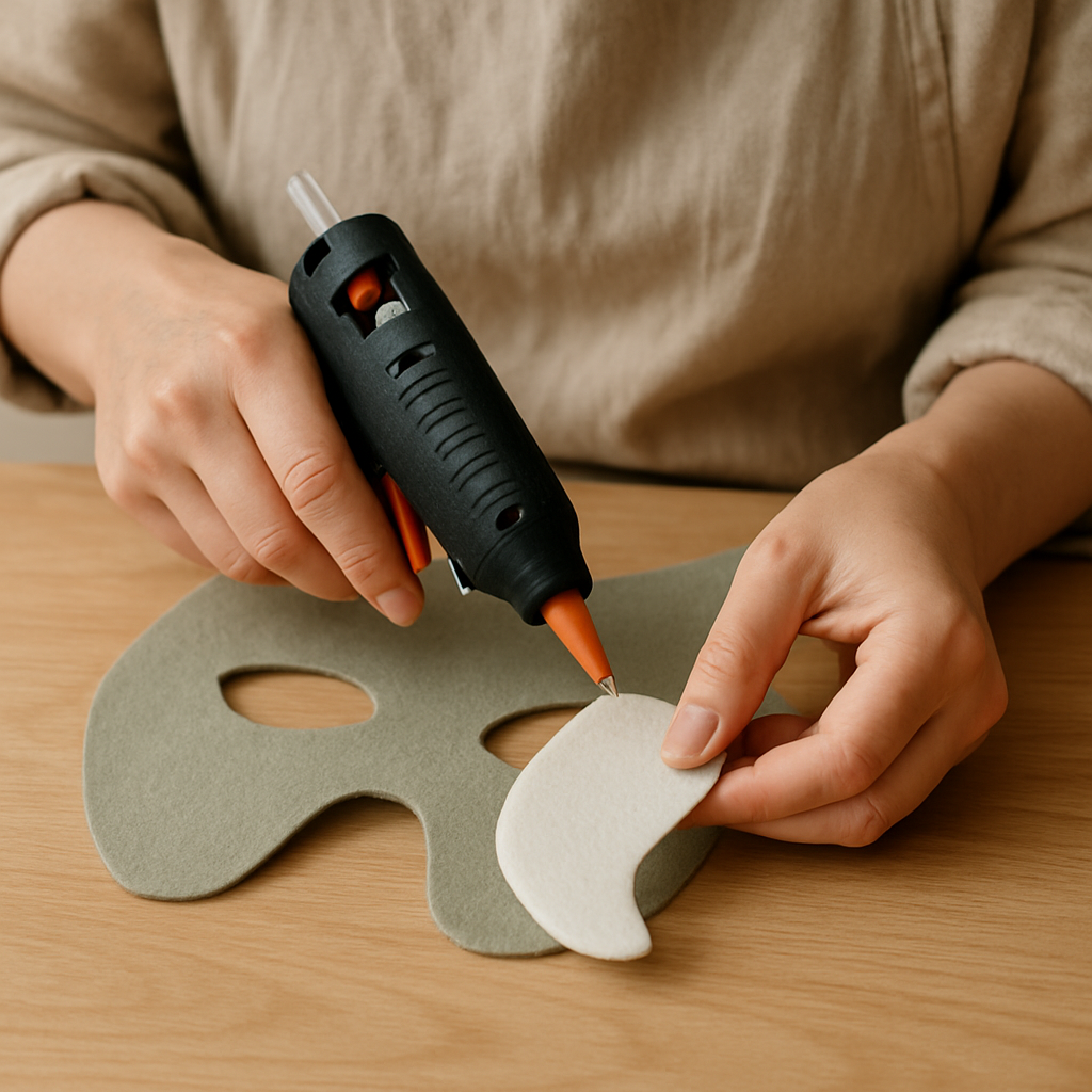 Adult hands apply hot glue to the edge of a white felt muzzle piece for a Felt Forest Creature Mask. A green mask base sits on a wooden table.