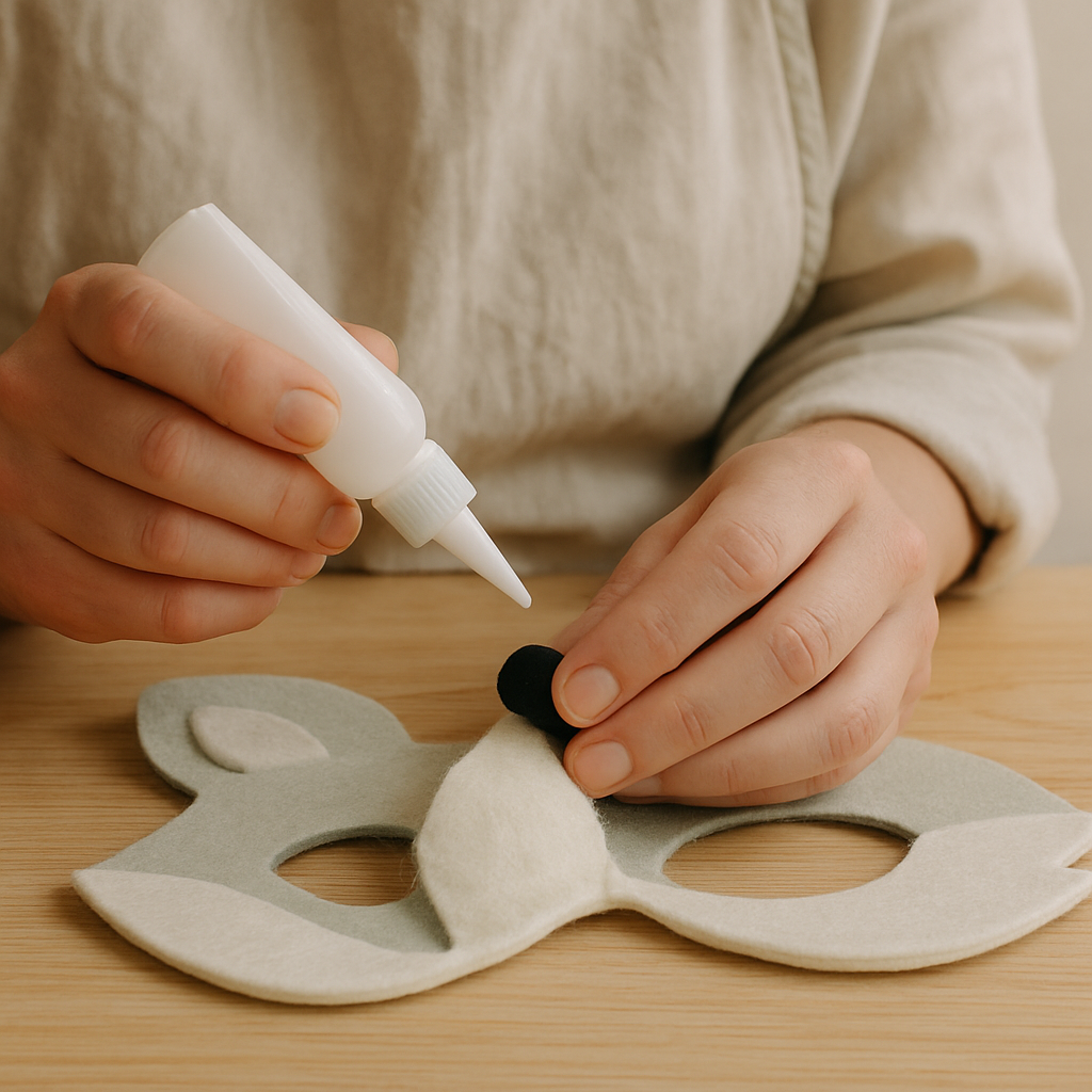 Adult hands apply white craft glue to a black felt nose piece, held on the white muzzle of a grey felt forest creature mask.