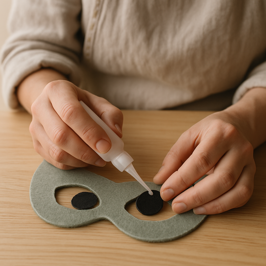 Adult hands apply fabric glue with a precision applicator to a black felt eye detail for a felt forest creature mask. One eye is already secured on a pale oak table.