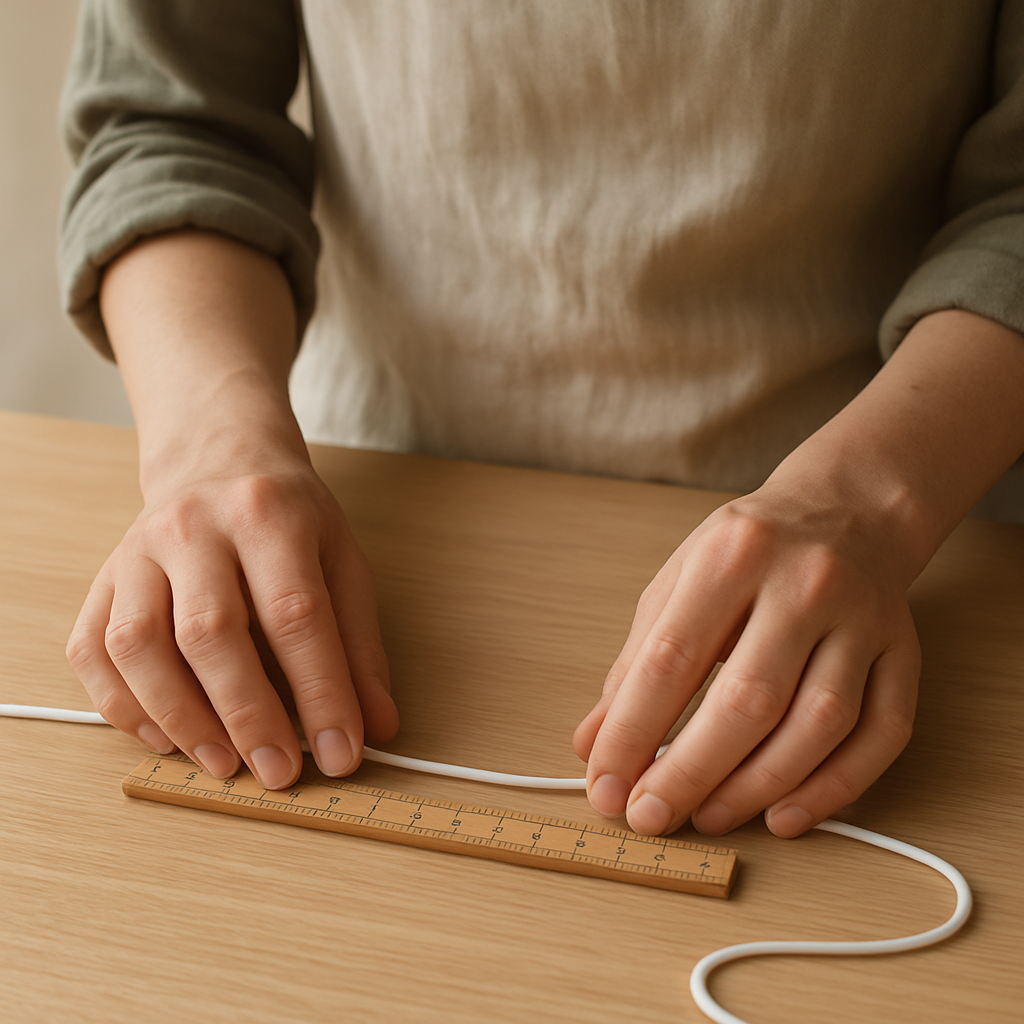 Adult hands measure white elastic cord with a wooden ruler on a pale oak table for Felt Forest Creature Masks.