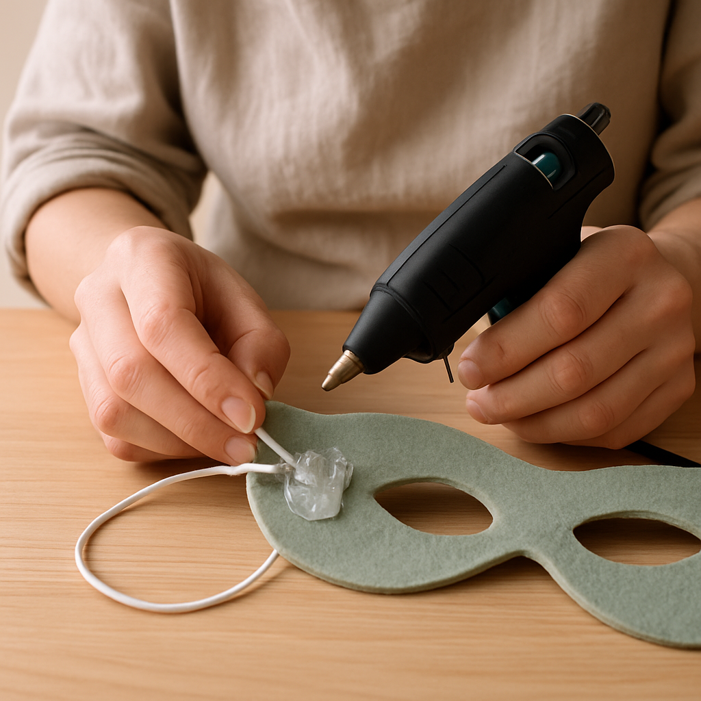 Hands press an elastic cord into a generous blob of hot glue on the inside of a green felt forest creature mask.