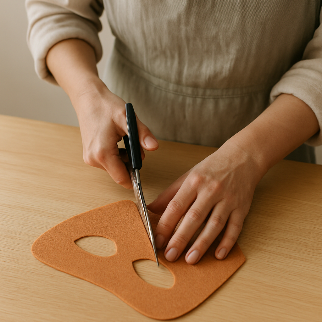 Adult hands cut orange felt with fabric scissors, shaping a Felt Forest Creature Mask. The mask's base shape and eyeholes are clearly visible.