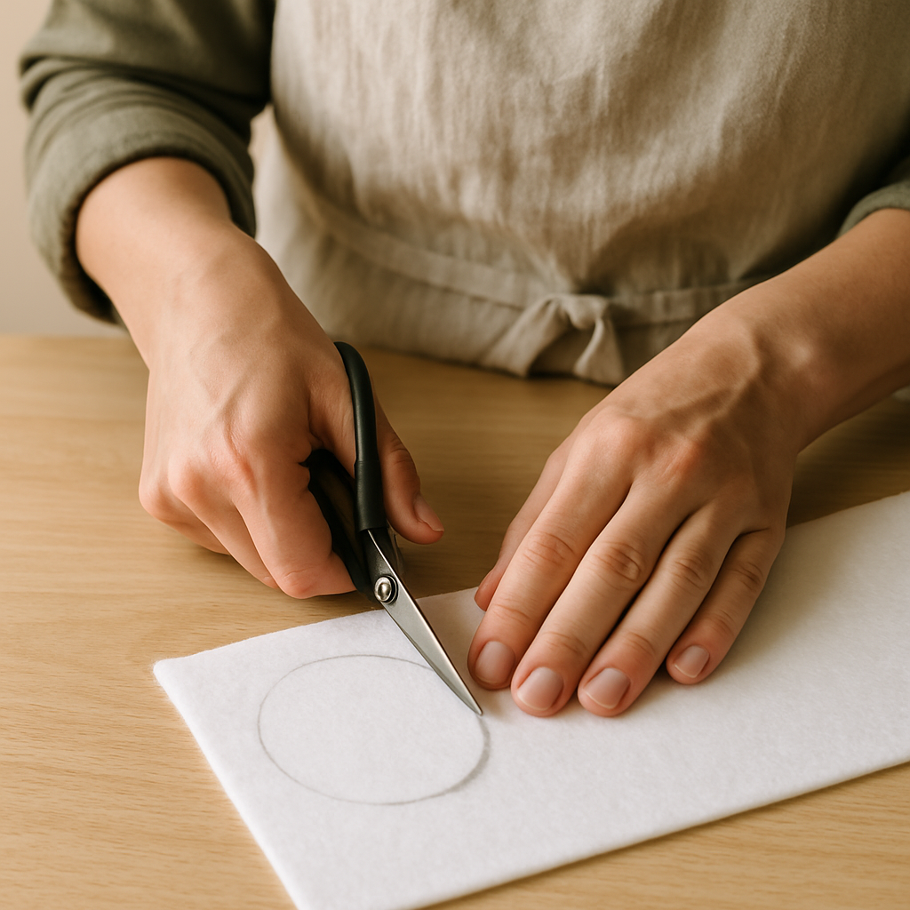 Adult hands cut a white felt muzzle piece for a Felt Forest Creature Mask, following a traced line with fabric scissors on a pale oak table.
