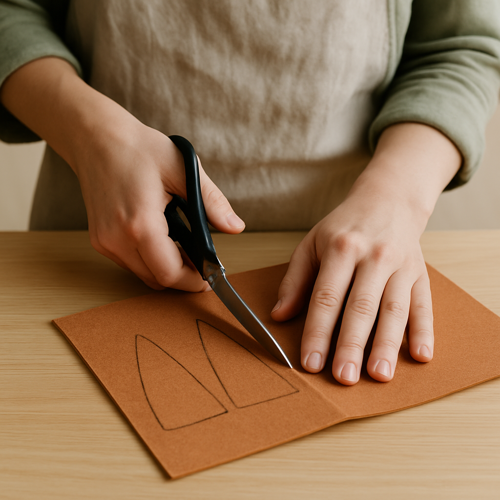 Adult hands cut two elongated triangle ear shapes from brown felt with fabric scissors for a Felt Forest Creature Mask.