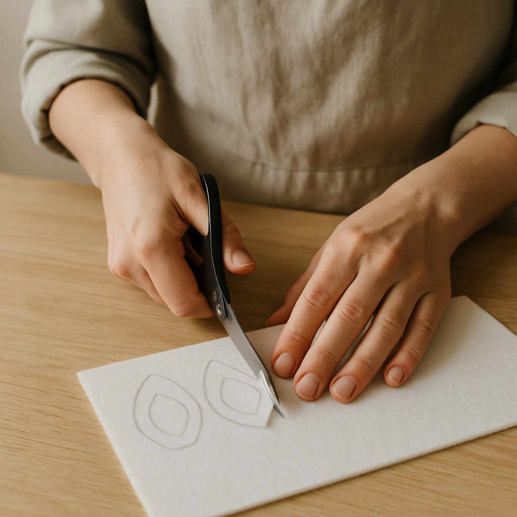 Adult hands cut two traced inner ear shapes from white felt with scissors on a light wood table for Felt Forest Creature Masks.