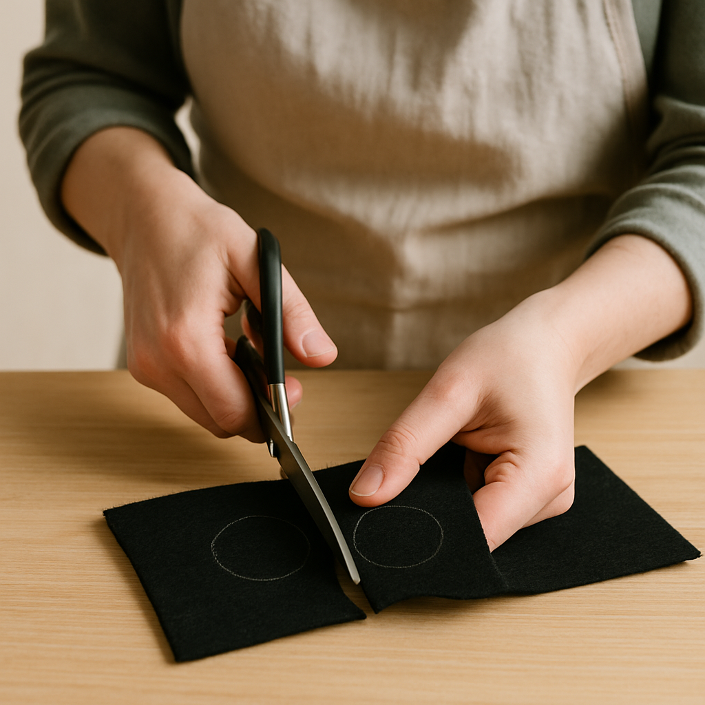 Adult hands use fabric scissors to cut a black felt eye detail on a pale wood table for a Felt Forest Creature Mask. A second eye detail is drawn.