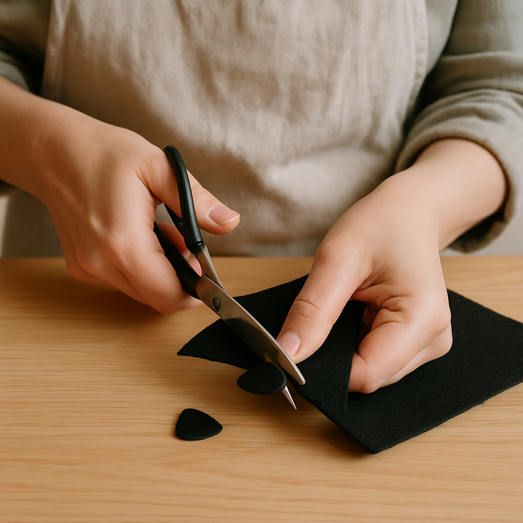 Adult hands cut a rounded triangle nose piece from black felt with scissors for Felt Forest Creature Masks. A finished felt nose rests on a pale wood table.