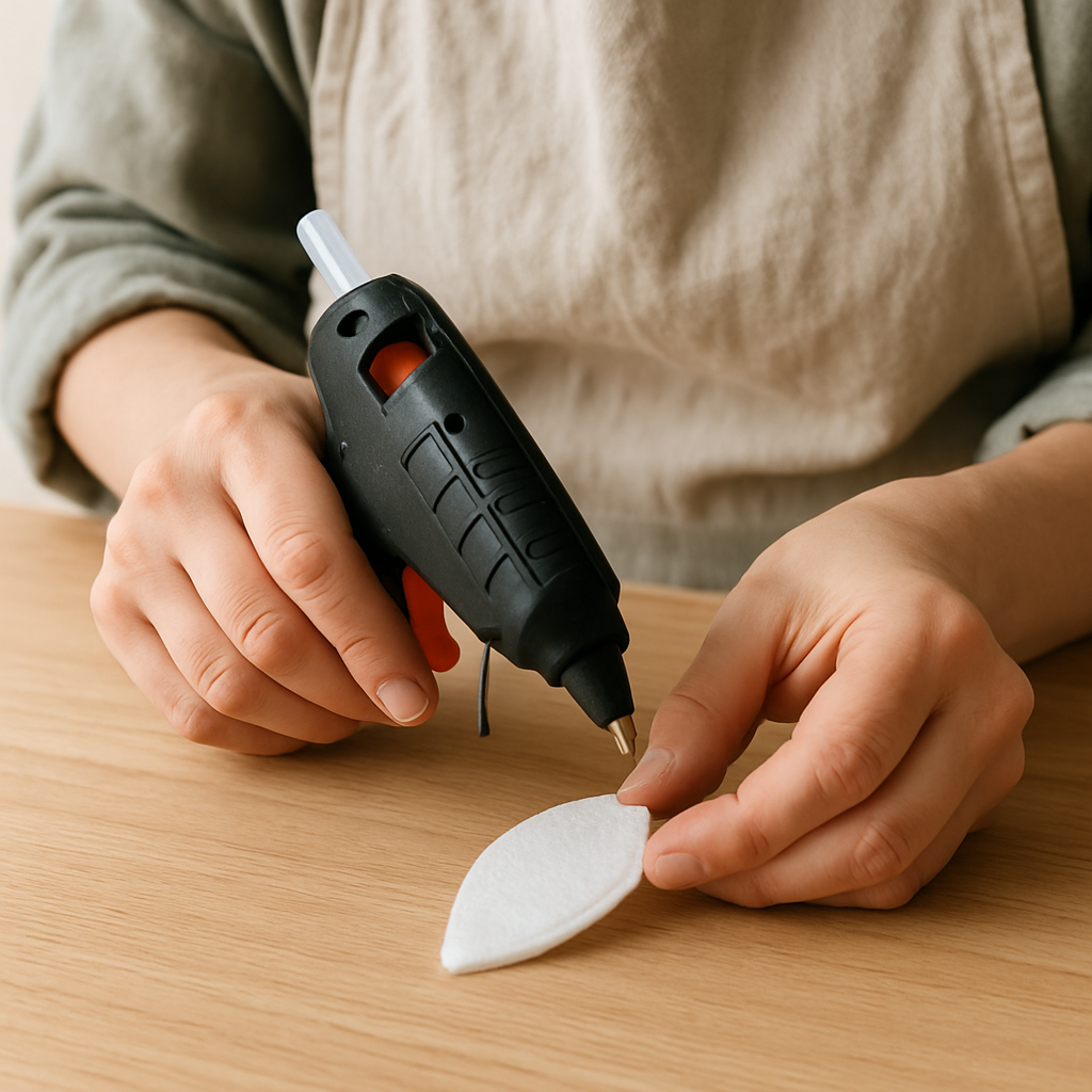 Adult hands apply hot glue to the edge of a white felt ear piece for Felt Forest Creature Masks on an oak table.