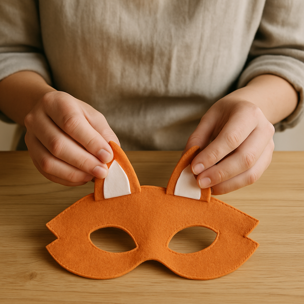 Adult hands position orange felt ears with white inner pieces onto an orange felt mask base for a Felt Forest Creature Mask.