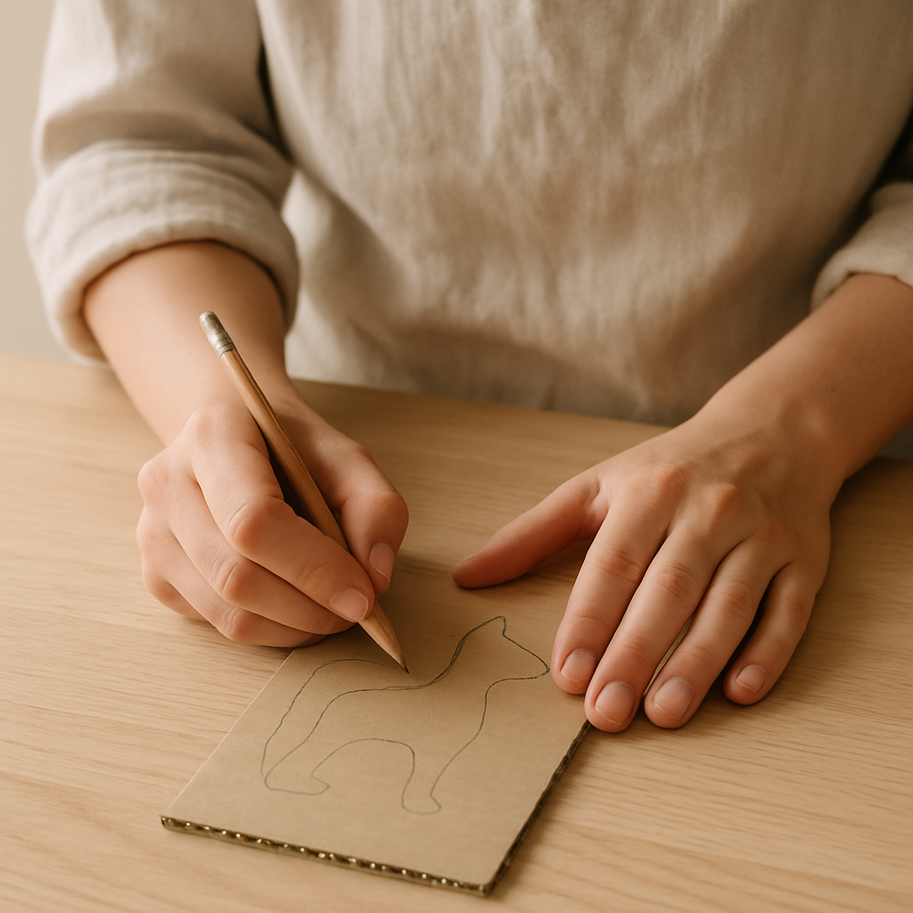 Adult hands sketch a cat silhouette onto corrugated cardboard with a pencil on a light wood table for Cardboard Critter Masks.