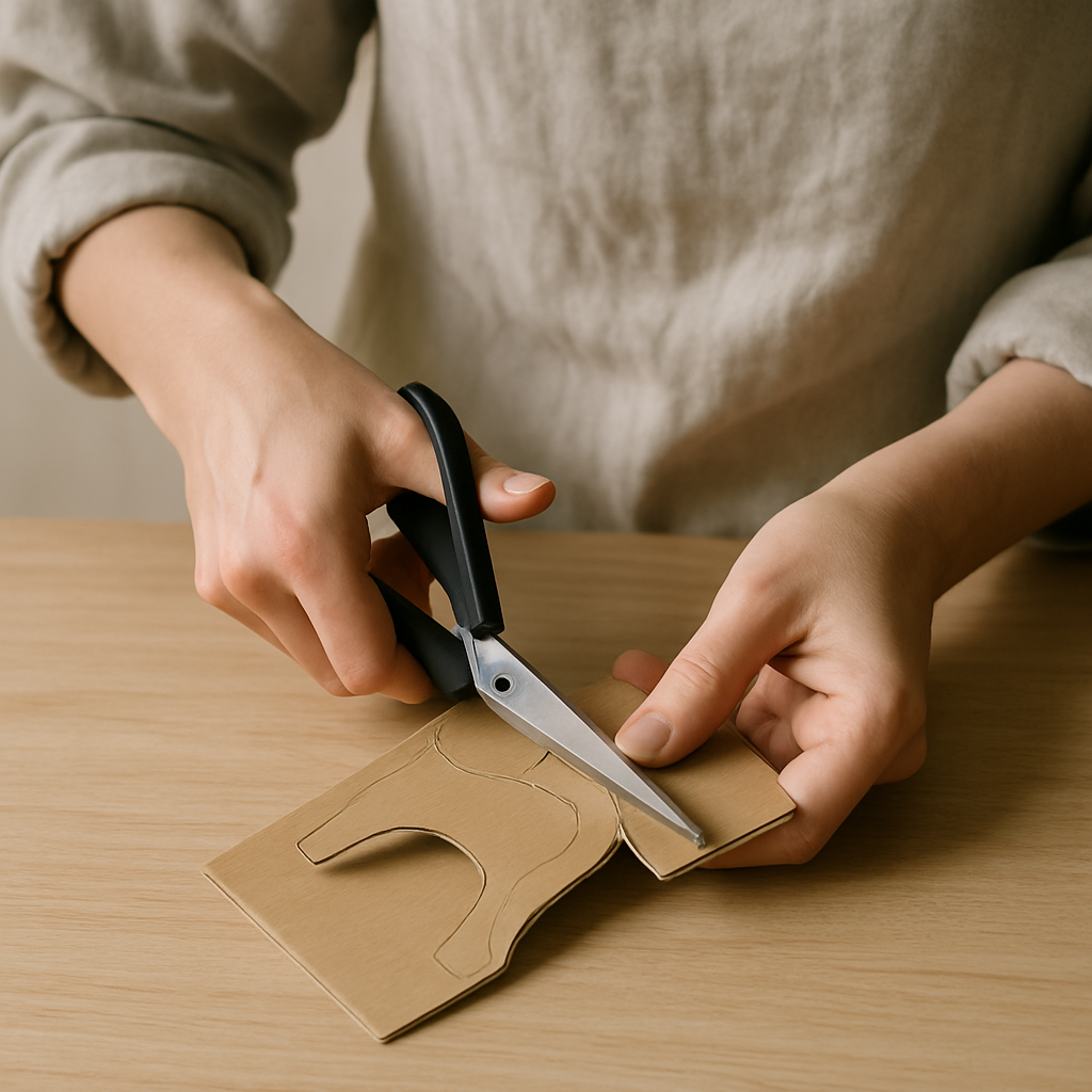 Hands carefully cut a cardboard mask shape with black scissors on a pale wood table, a step for Cardboard Critter Masks.