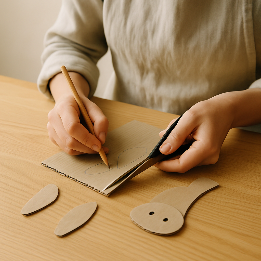 Hands sketch an oval on cardboard for Cardboard Critter Masks. Scissors are ready to cut, with two ear shapes and a rabbit mask base on the table.