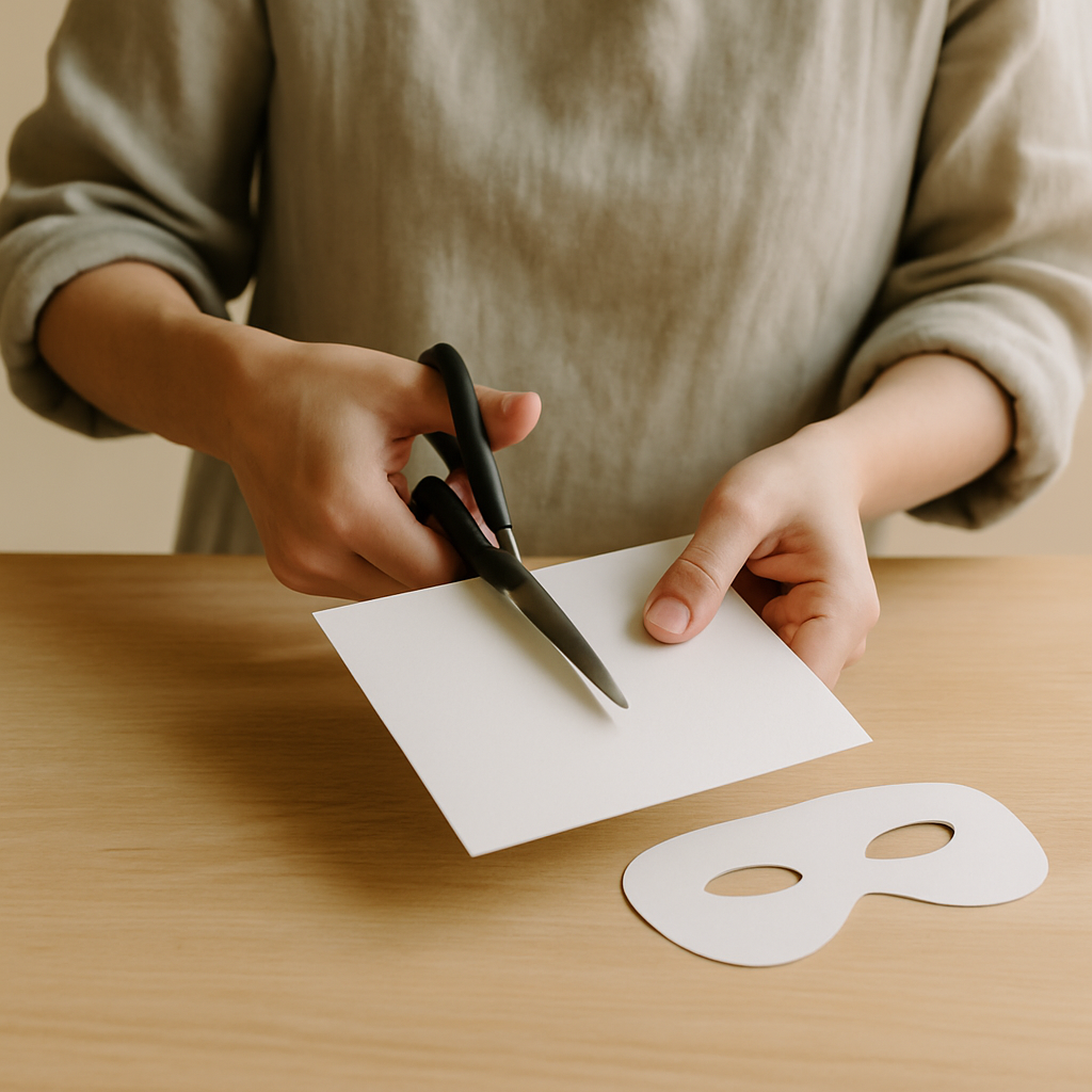 Adult hands cut white cardstock with black scissors on a pale wood table, preparing a base for Cardboard Critter Masks.