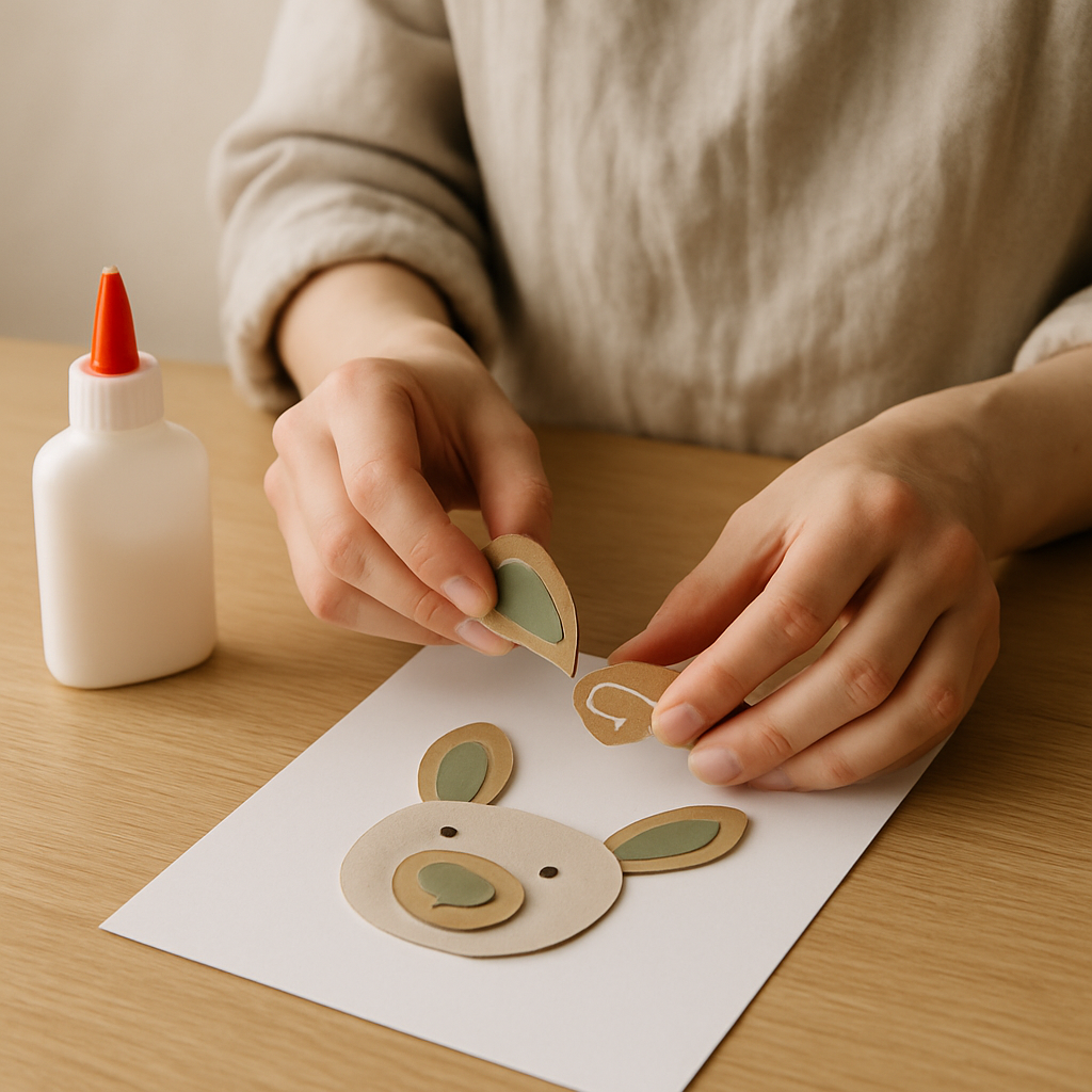 Adult hands in an oatmeal apron apply white craft glue to a cardboard ear. They are assembling a Cardboard Critter Mask on a pale oak table.