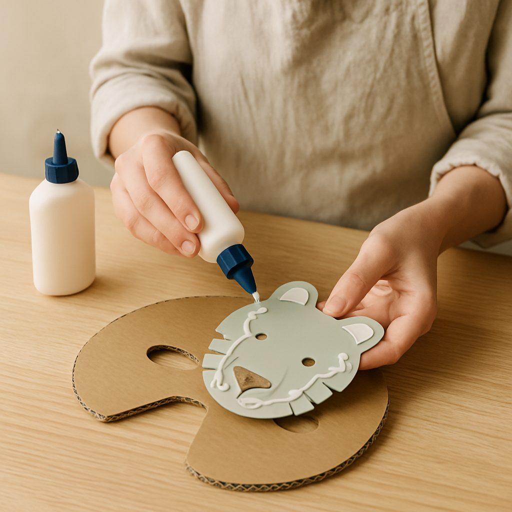 Hands apply white craft glue to the back of a light green cardboard bear mask, preparing to attach it to a brown cardboard base for a critter mask.