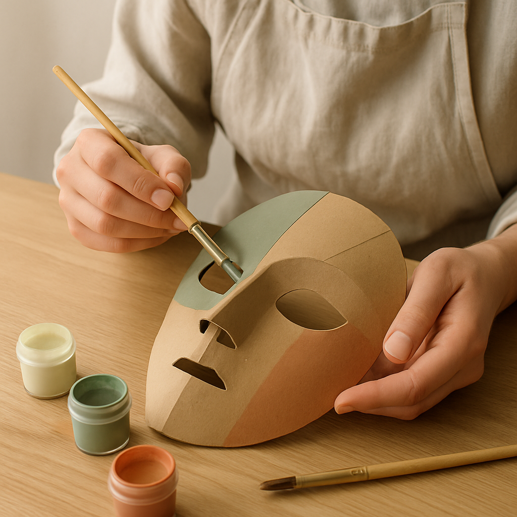 Adult hands paint a cardboard mask with light green acrylic paint, beginning a Cardboard Critter Mask on a pale wood table.