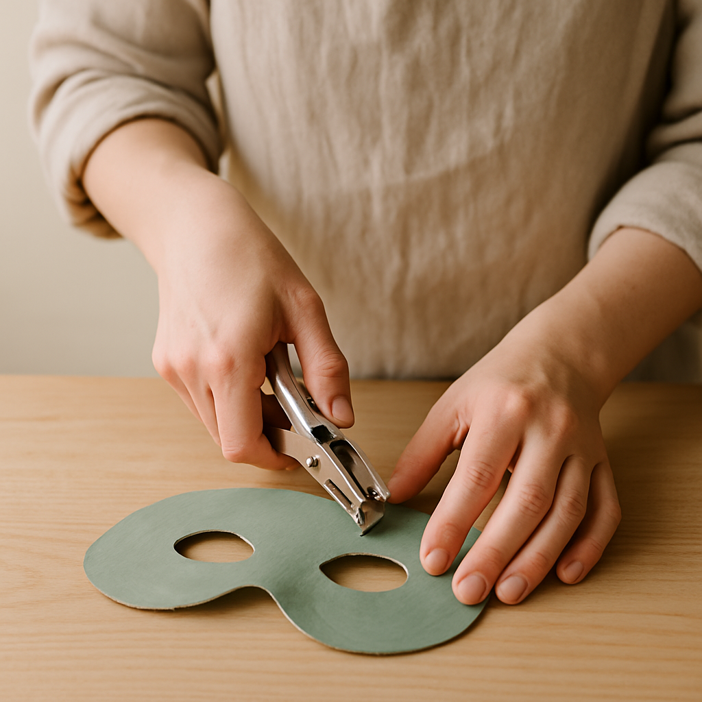 Adult hands use a metal hole punch to create a fastening hole in a green Cardboard Critter Mask, resting on a pale oak table.