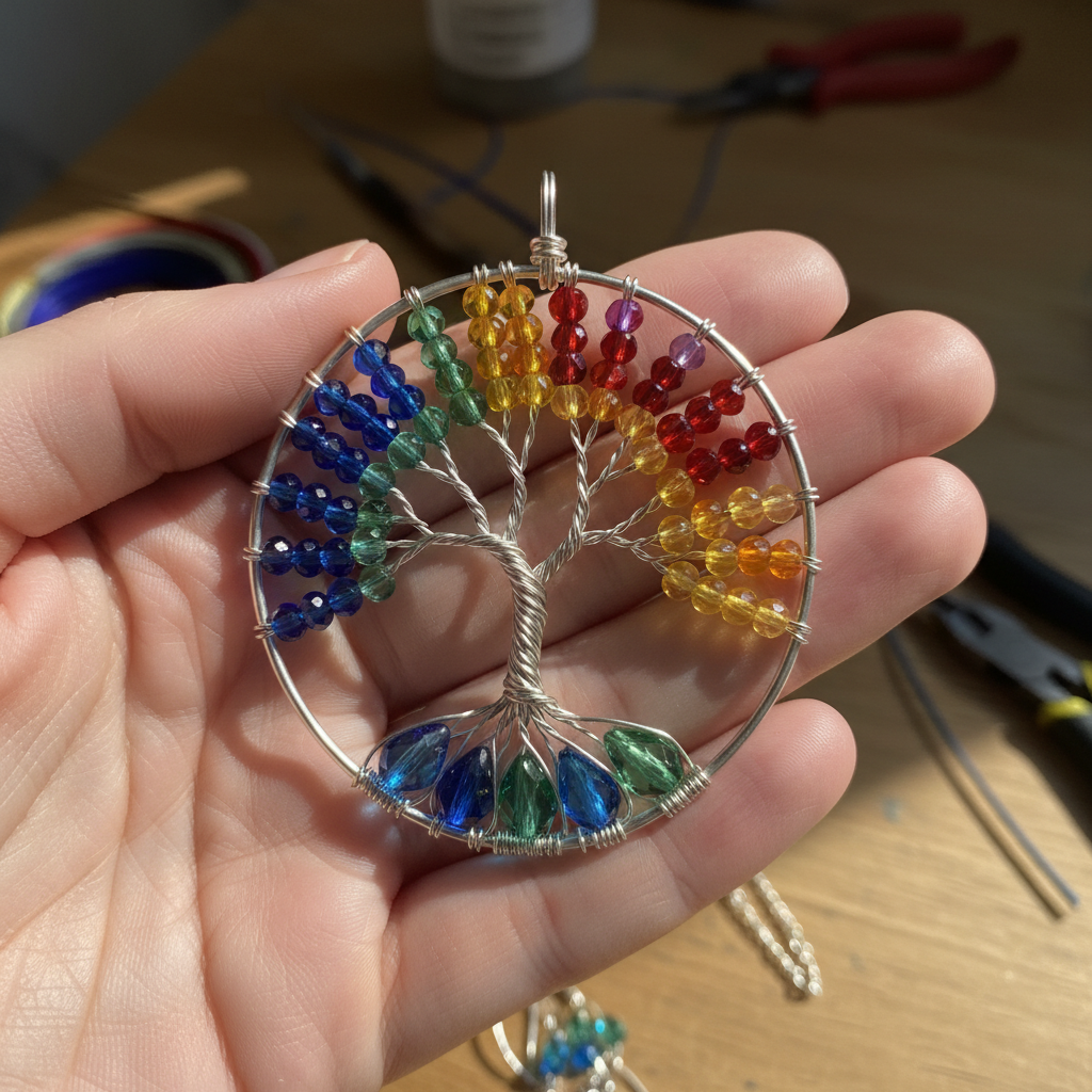 Beaded Wire Tree of Life Pendant held in hand