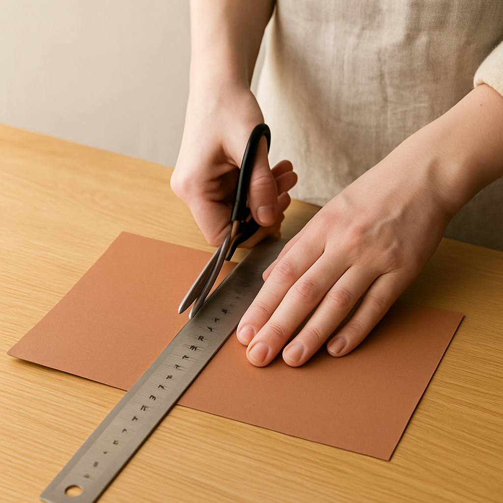 Adult hands cut muted clay cardstock with scissors and a metal ruler on a pale wood table for a birding journal cover.