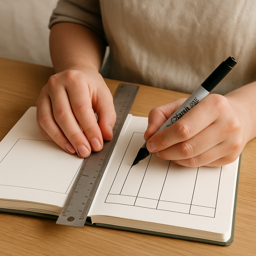 Adult hands use a metal ruler and black Sharpie to draw vertical columns on the right page of a birding journal.