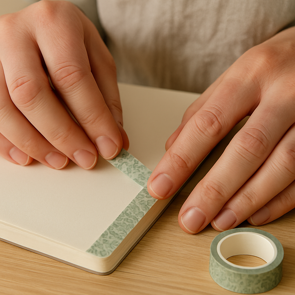 Adult hands apply muted sage washi tape strips along the outer edge of a journal page for a birding adventure.