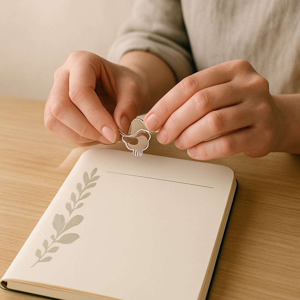 Adult hands carefully place a white bird sticker above the date line on a decorated page in an A5 birding journal. Pale oak table.