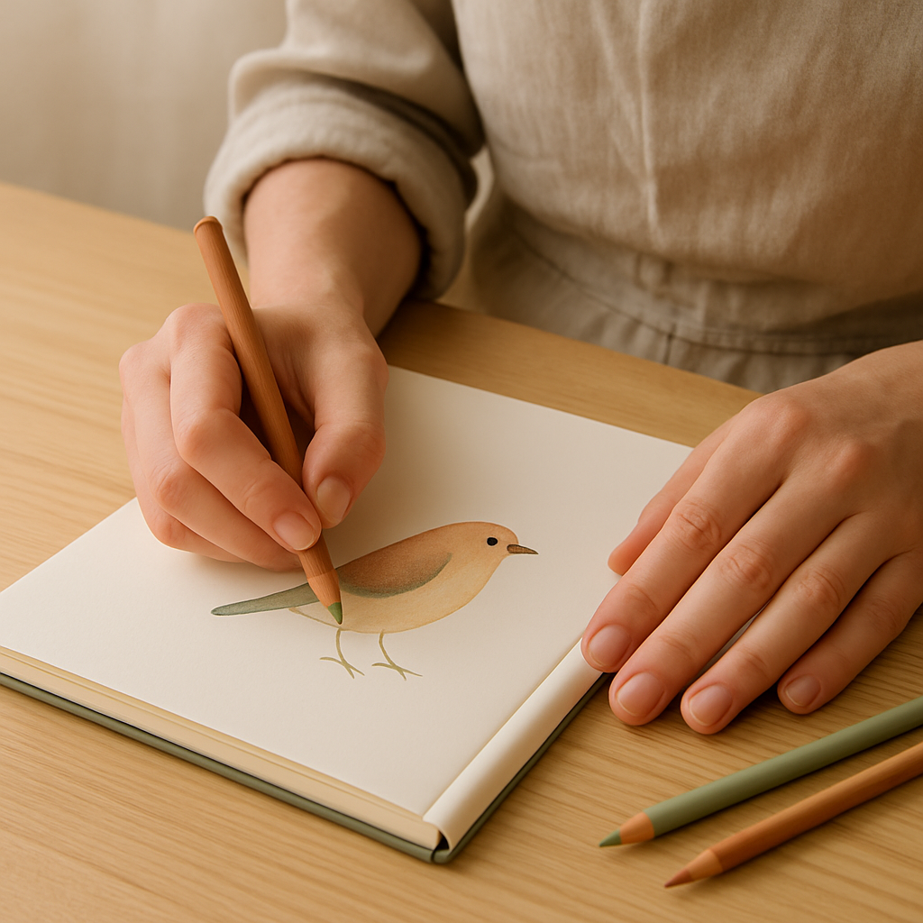 Adult hands color a simple bird sketch in an A5 notebook with a muted clay pencil. A sage pencil rests on a pale oak table for 'My Birding Journal Adventure'.