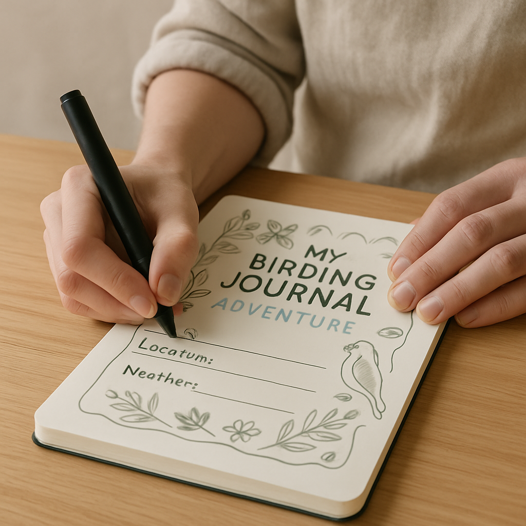 Adult hands write 'Locatum' and 'Neather' in a 'My Birding Journal Adventure' notebook, open on a pale oak table.