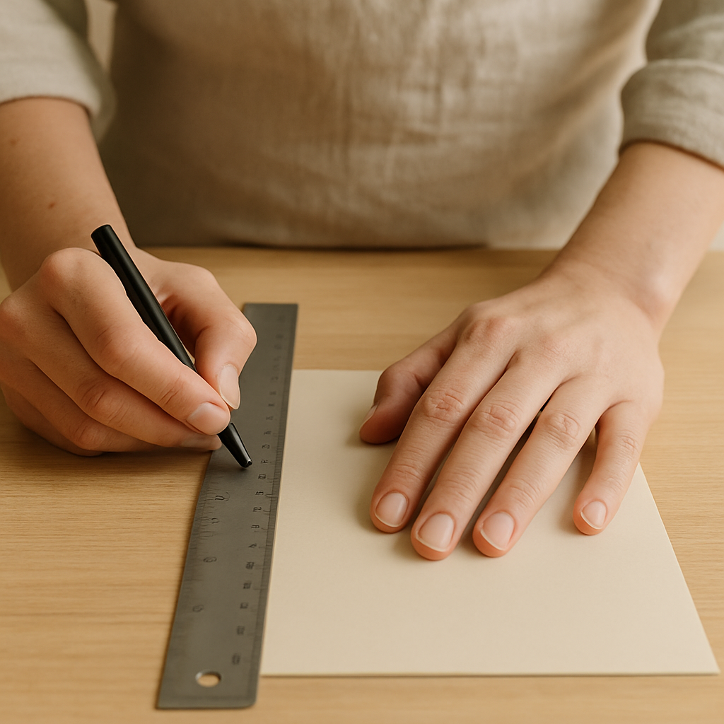 Hands measure 1cm from the left edge of a light cardstock cover with a metal ruler and black pen on a pale wood table for a birding journal.
