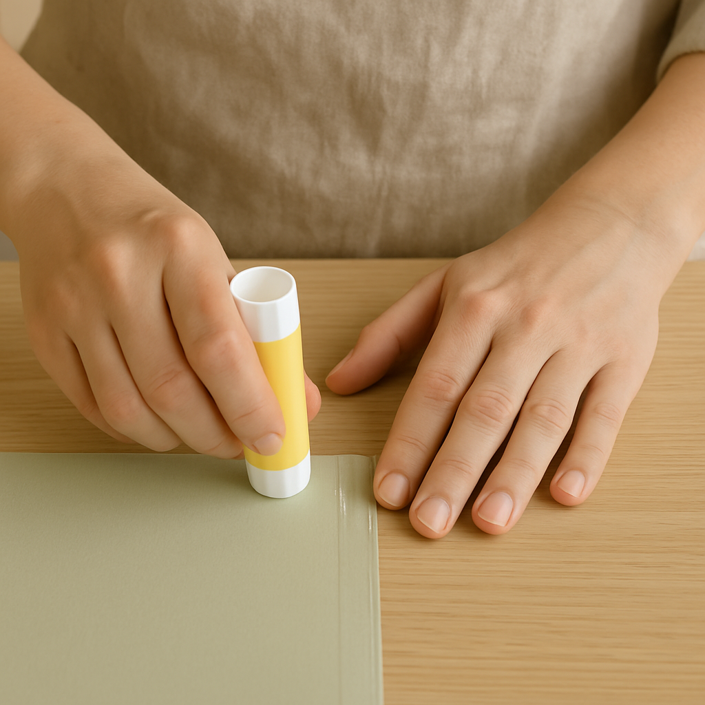 Adult hands apply a yellow glue stick to a 1cm margin on green cardstock, creating a Birding Journal. The glue stick is in motion on a pale oak table.