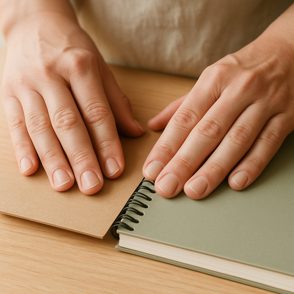 Adult hands align a brown cardstock cover with a green spiral notebook on a pale oak table for a birding journal craft.