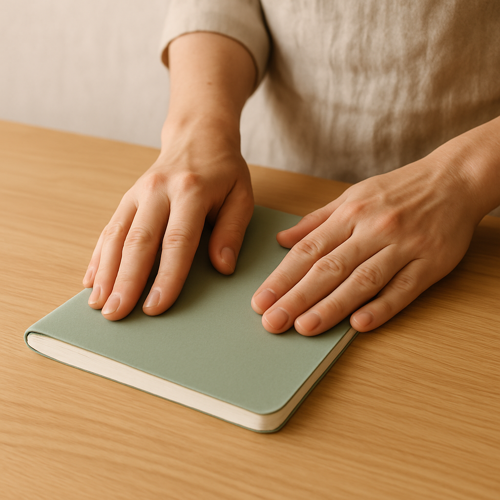 Adult hands gently smooth a pale green journal cover on a warm oak table, preparing it for a Birding Journal Adventure.