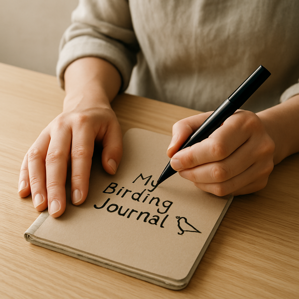 Adult hands write 'My Birding Journal' and draw a bird outline on a brown notebook cover with a black marker on a wood table.