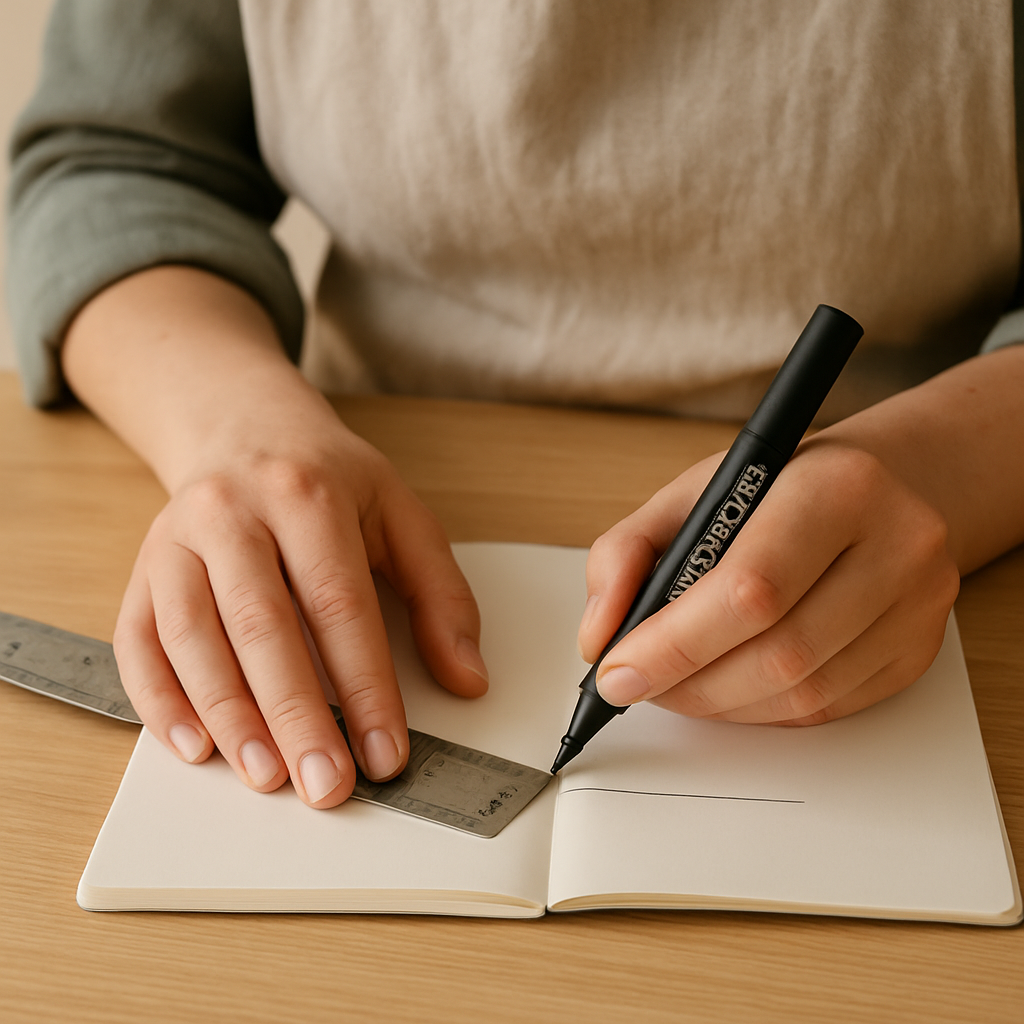Adult hands use a ruler and black marker to draw a horizontal line near the top of a notebook page for a birding journal.