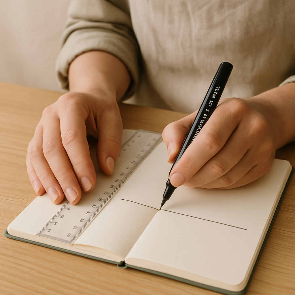 Adult hands use a ruler and black marker to draw a second horizontal line 3cm below the first in an A5 birding journal.